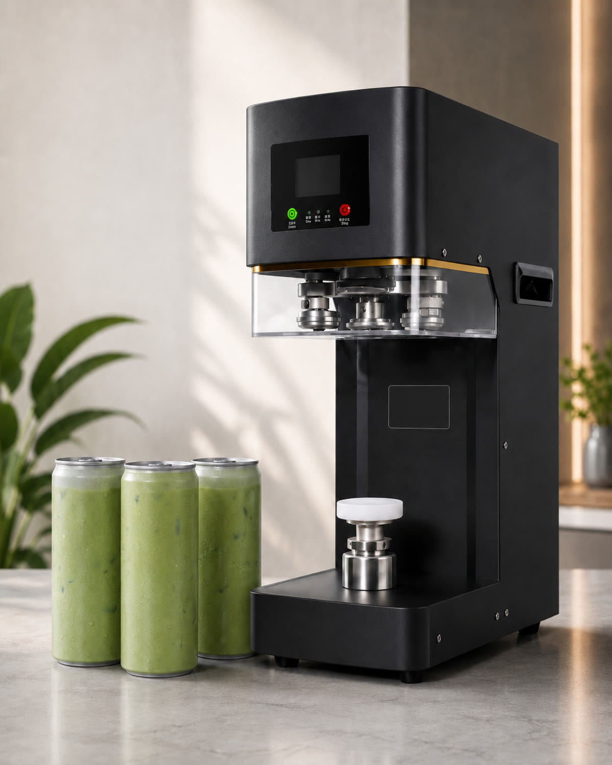 RT Can Seaming Machine with branded matcha cans